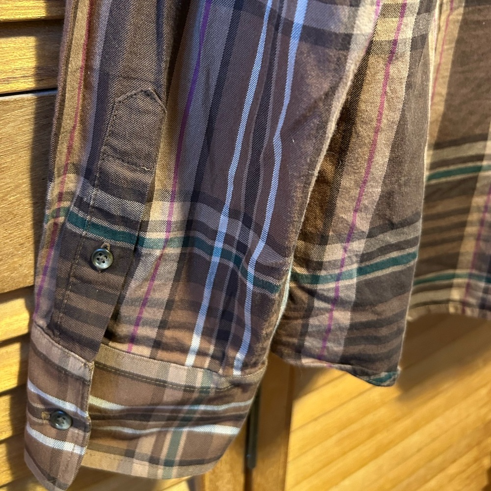 Lauren Ralph Lauren Brown, Tan, Green, Red and White Plaid Ruffled Shirt - Picture 16 of 16